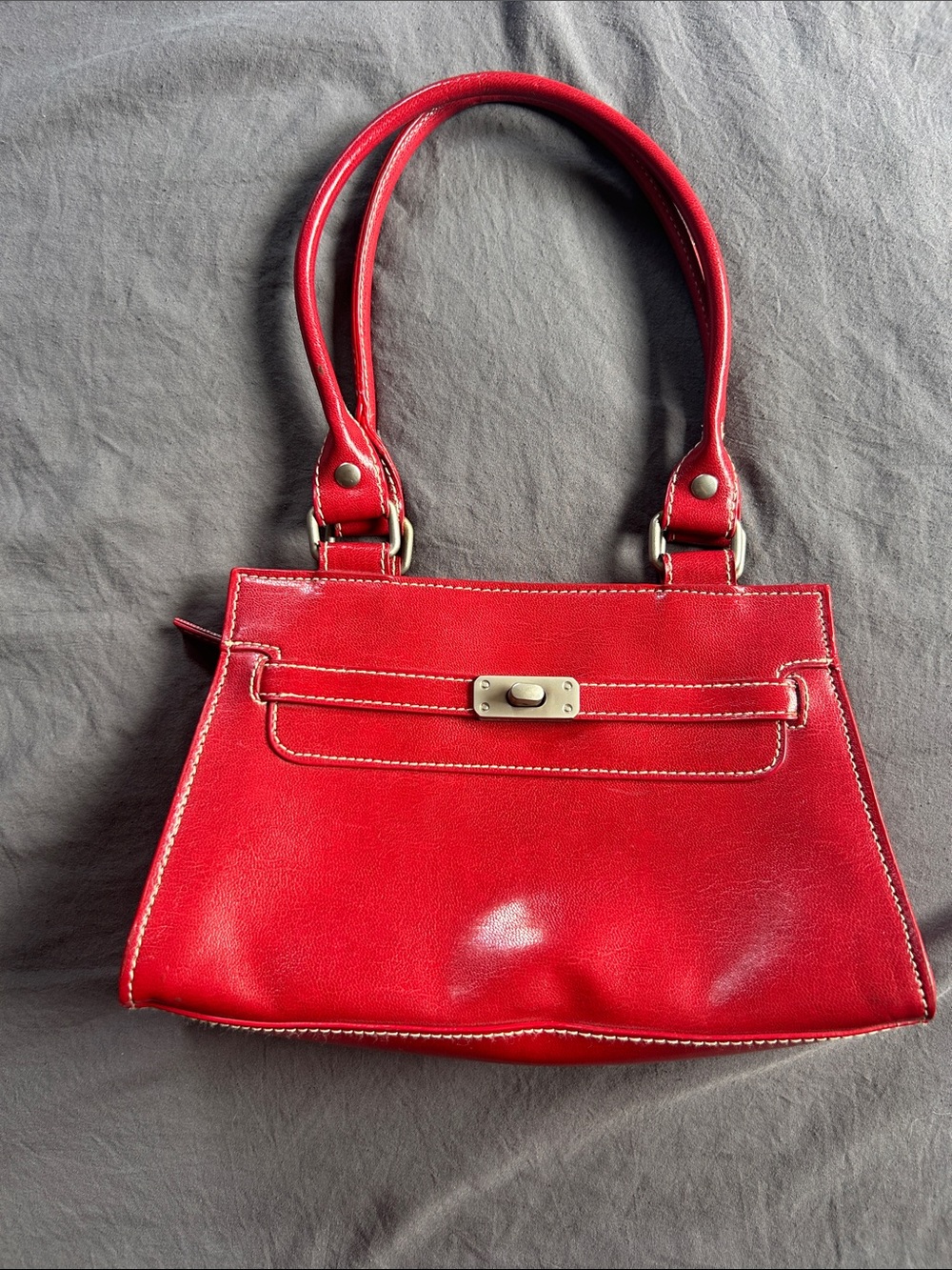 Red Leather Shoulder Bag with Turn-Lock Closure